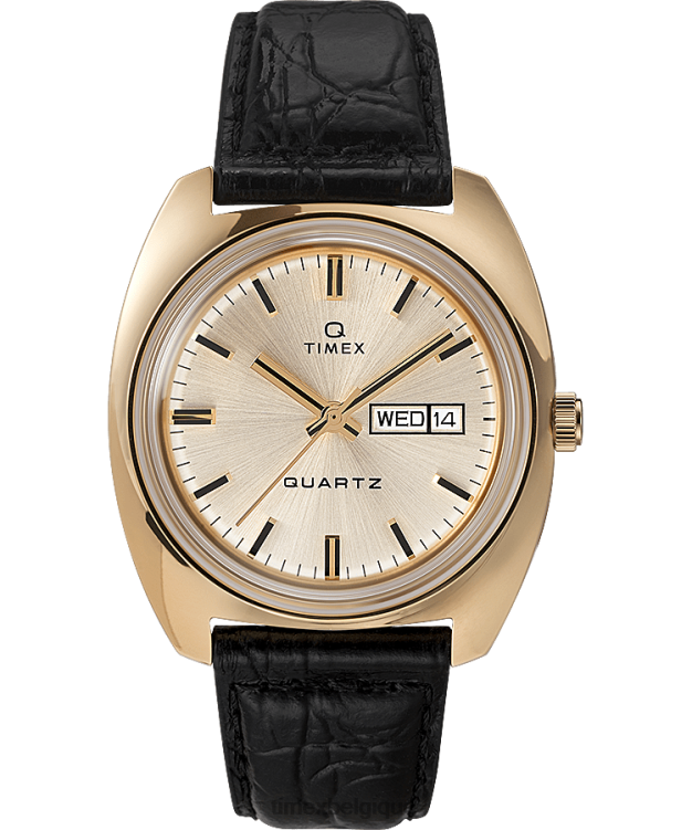 montres | Q Timex Hommes Réédition de 1975, montre jour-date, bracelet en cuir de 38 mm R2F20313 doré/noir/champagne