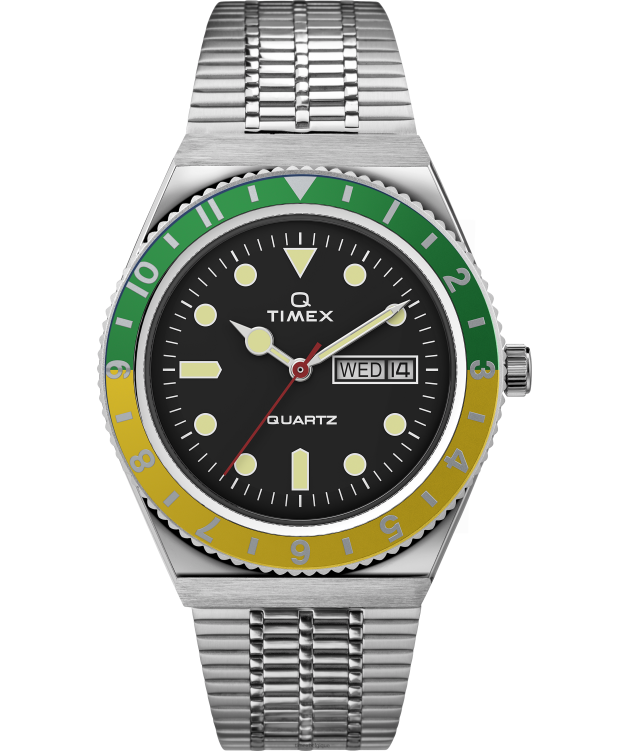 montres | Q Timex Hommes réédition montre-bracelet en acier inoxydable de 38 mm R2F20286 acier inoxydable/noir/vert/jaune