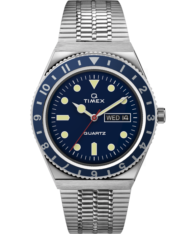montres | Q Timex Hommes réédition montre-bracelet en acier inoxydable de 38 mm R2F20297 acier inoxydable/bleu