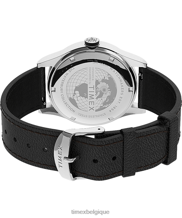 montres | Timex Hommes Montre Waterbury traditionnelle jour-date 39 mm, bracelet en cuir R2F20289 acier inoxydable/noir/argenté