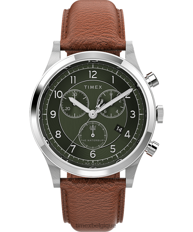 montres | Timex Hommes Montre chronographe traditionnelle Waterbury avec bracelet en cuir de 42 mm R2F20296 acier inoxydable/beige/vert