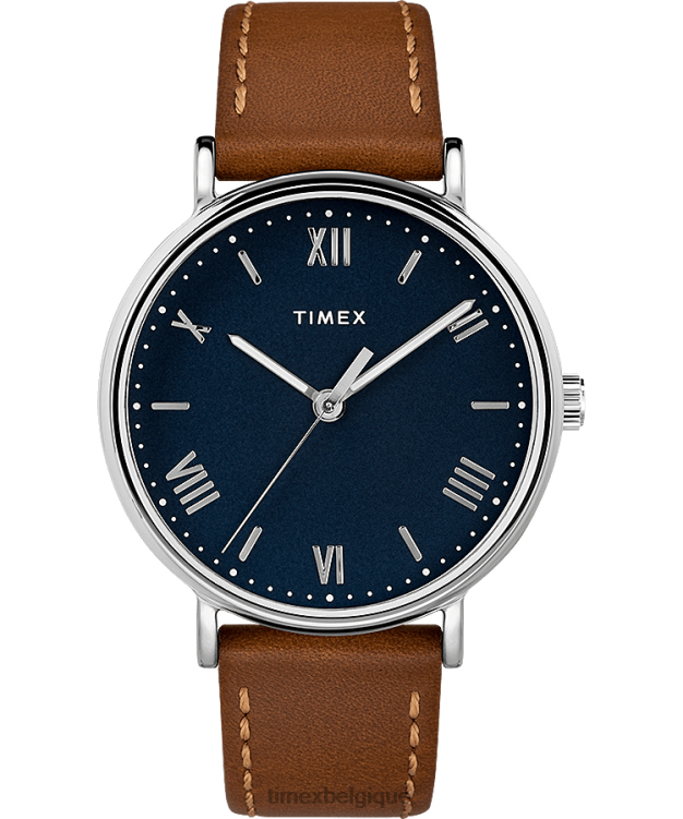 montres | Timex Hommes montre Southview avec bracelet en cuir de 41 mm R2F20285 chrome/beige/bleu
