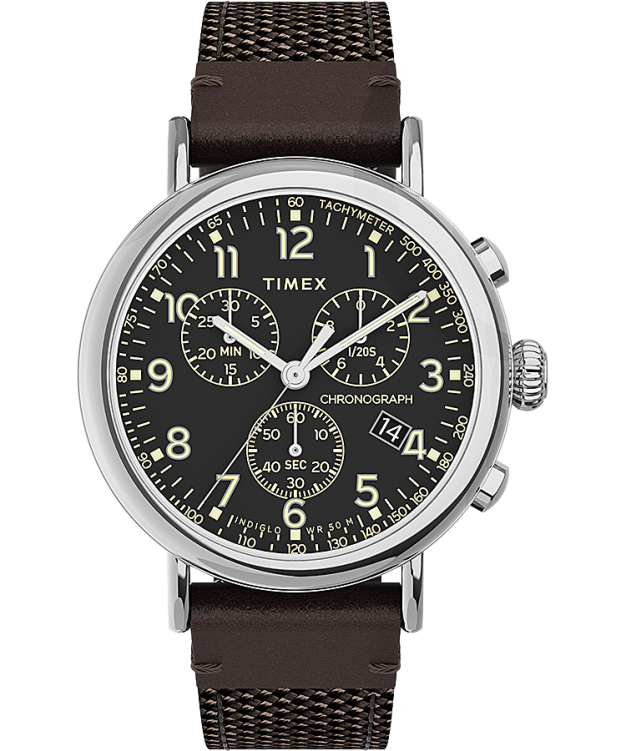 montres | Timex Hommes montre chronographe standard 41 mm bracelet en tissu et cuir R2F20312 argenté/marron/noir