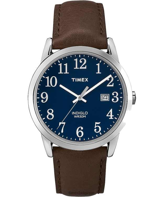 montres | Timex Hommes montre facile à lire avec bracelet en cuir de 38 mm R2F20305 argenté/marron/bleu