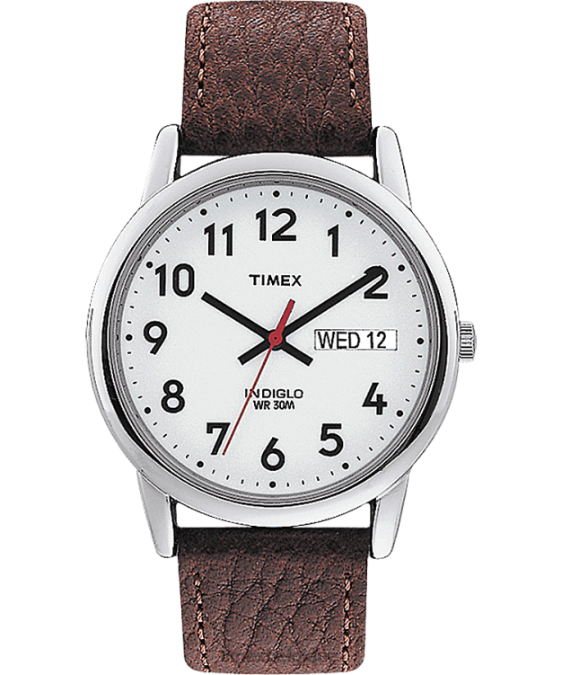 montres | Timex Hommes montre facile à lire jour et date avec bracelet en cuir de 35 mm R2F20317 argenté/marron/blanc